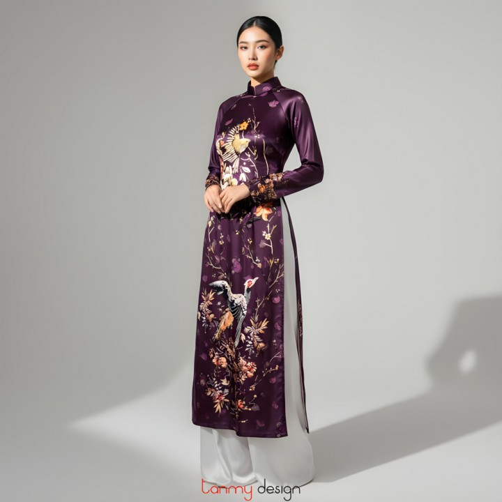 Áo dài lụa in họa tiết hoa lá/chim dài tay tím đậm M